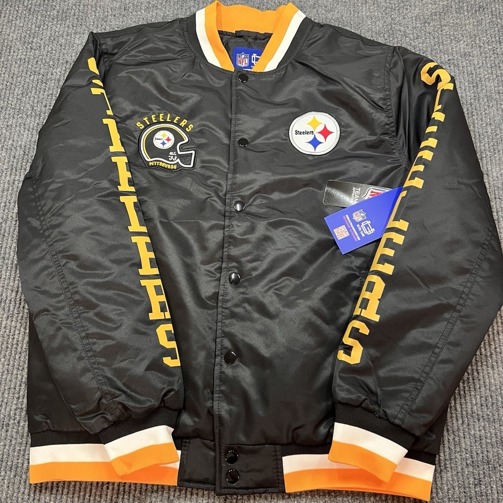 Pittsburgh Steelers Ultra Game NFL Mens Medium‎ Satin Bomber Jacket Snap New